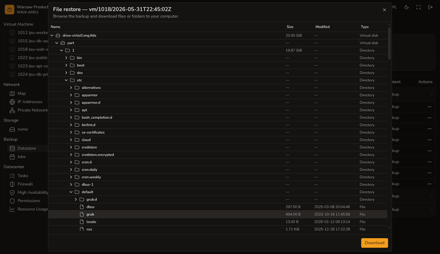 File restore — file tree