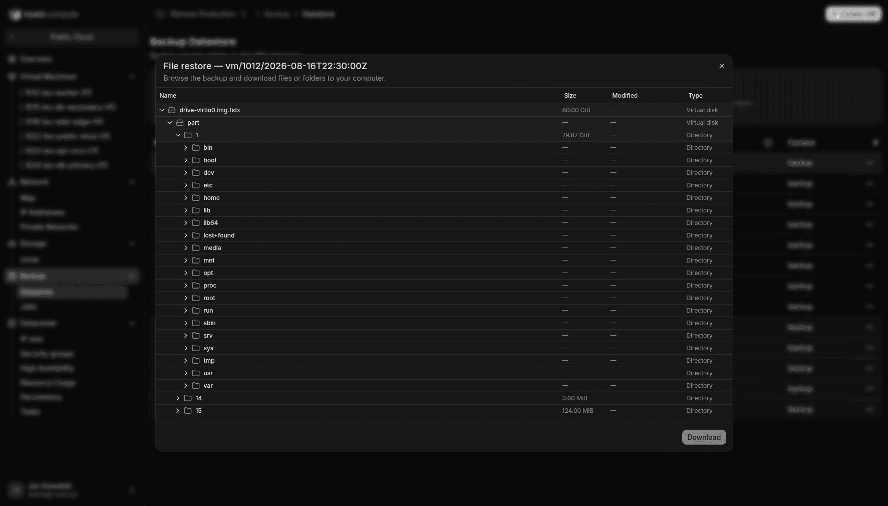 File restore — file tree