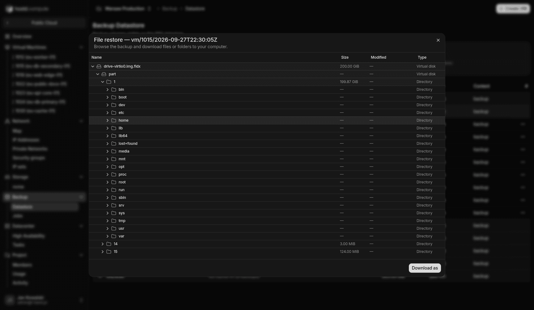 File restore — file tree