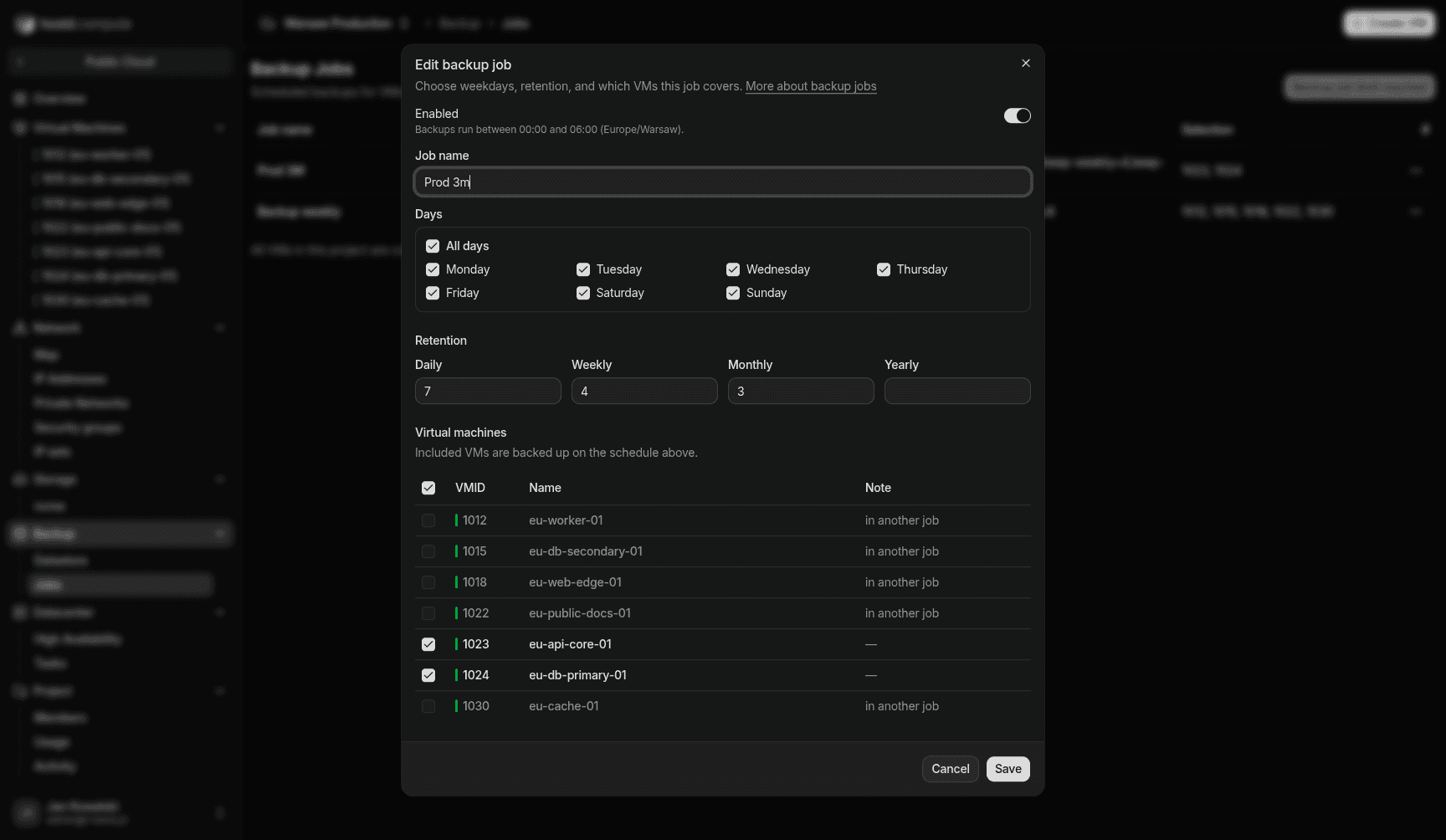 Create backup job — dialog