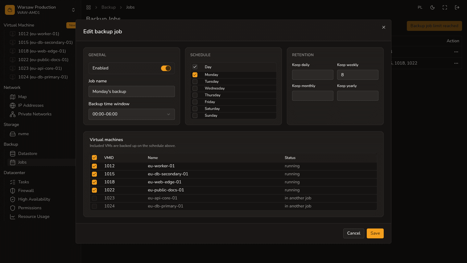 Create backup job — modal