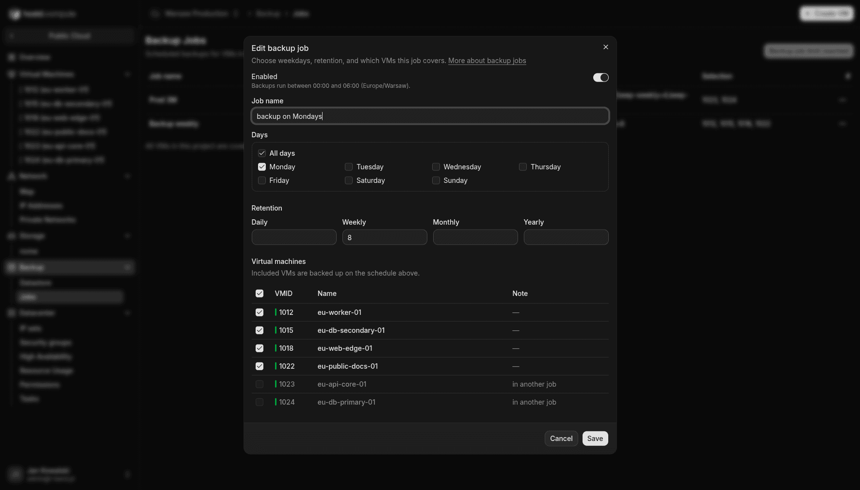 Create backup job — dialog