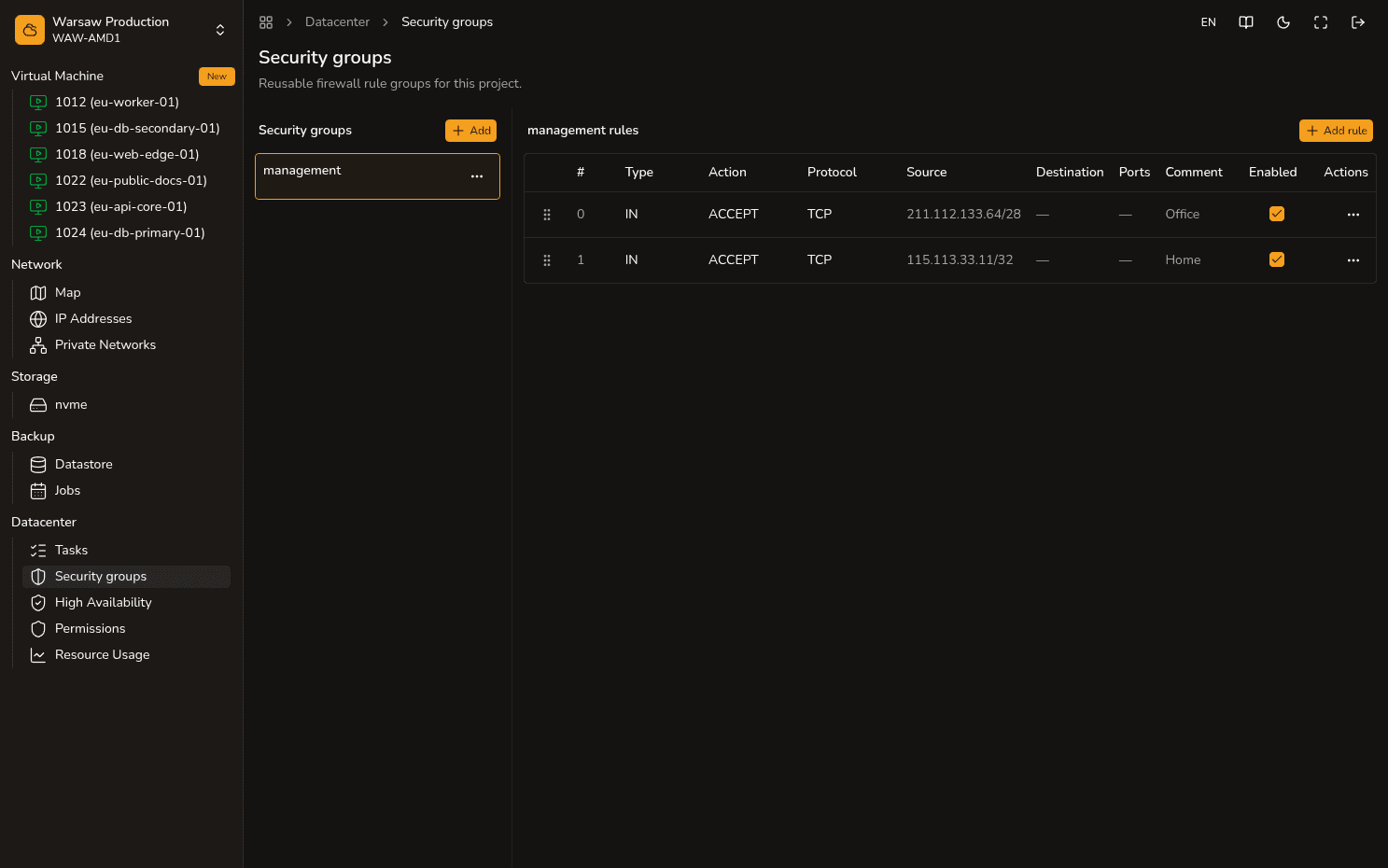 Create security group in Datacenter → Security groups