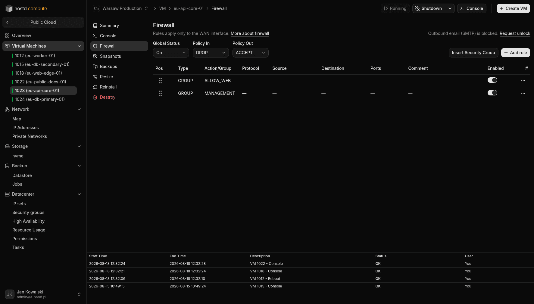 VM Firewall — Global Status, Policy In, and rules