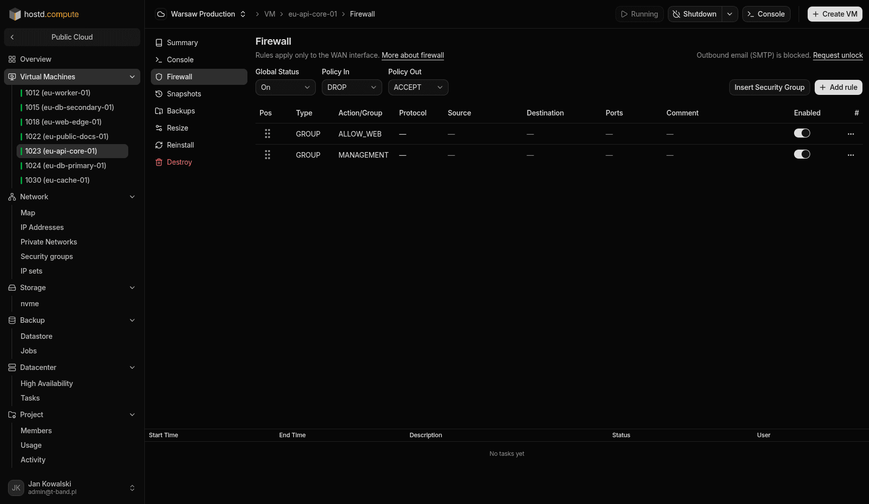 VM Firewall — Global Status, Policy In, and rules
