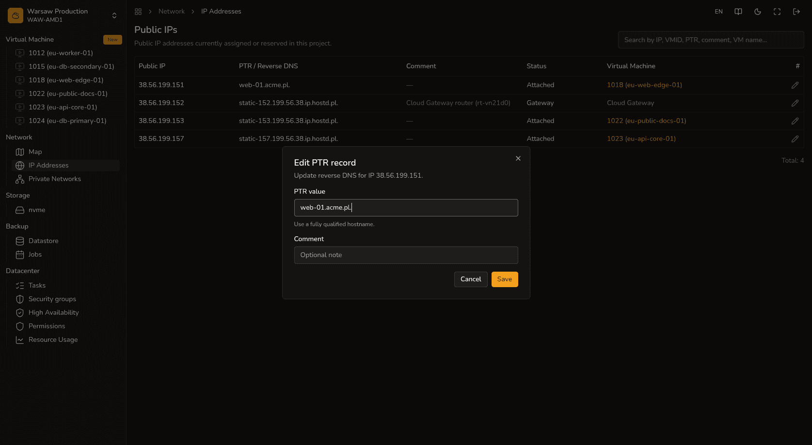 Editing PTR in Network → IP Addresses