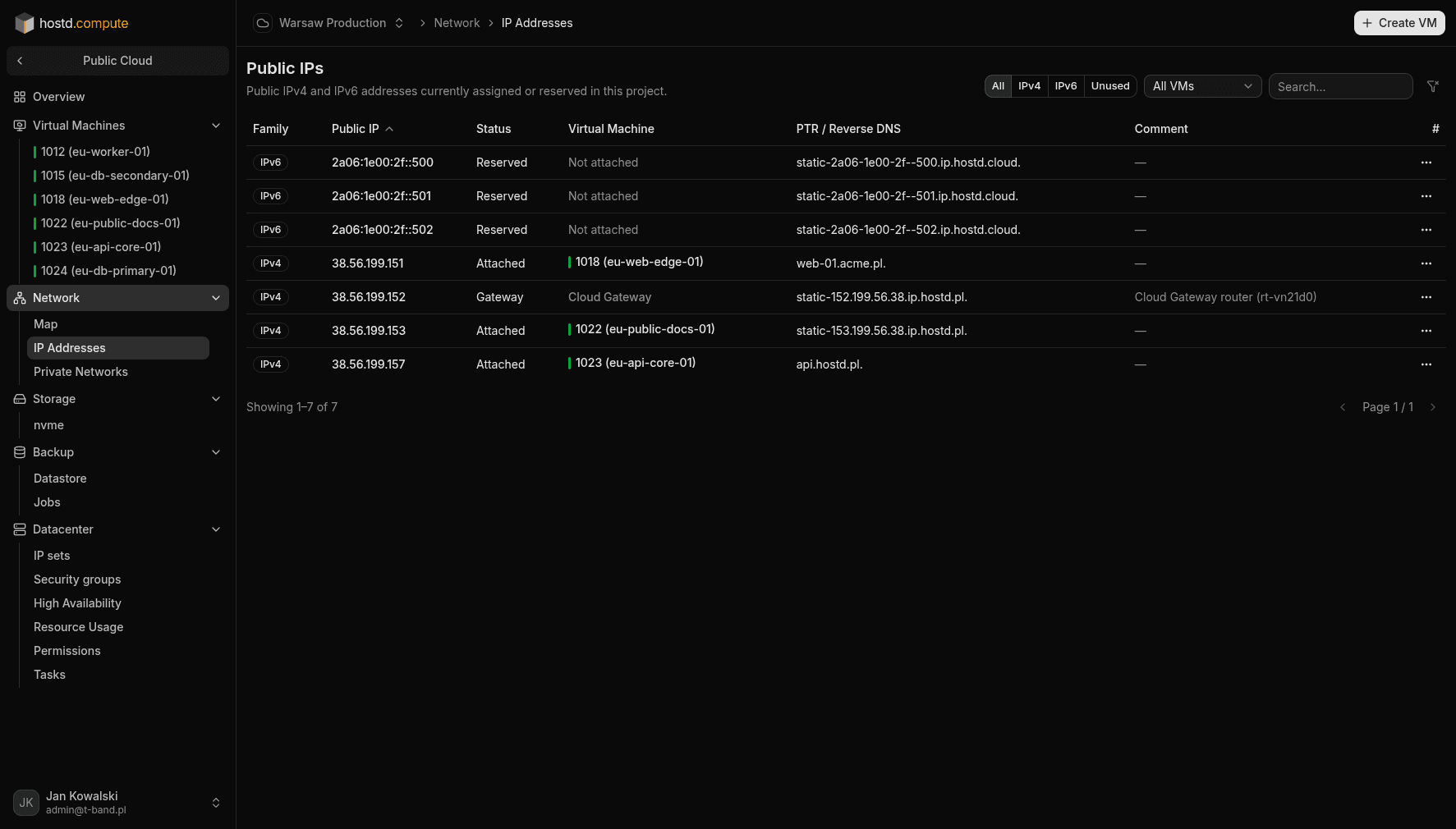 Editing PTR in Network → IP Addresses