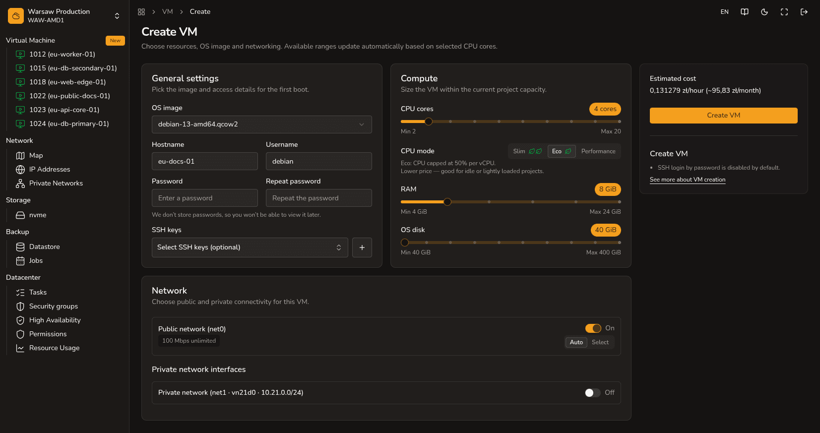 Create a VM — form with image, SSH key, and WAN