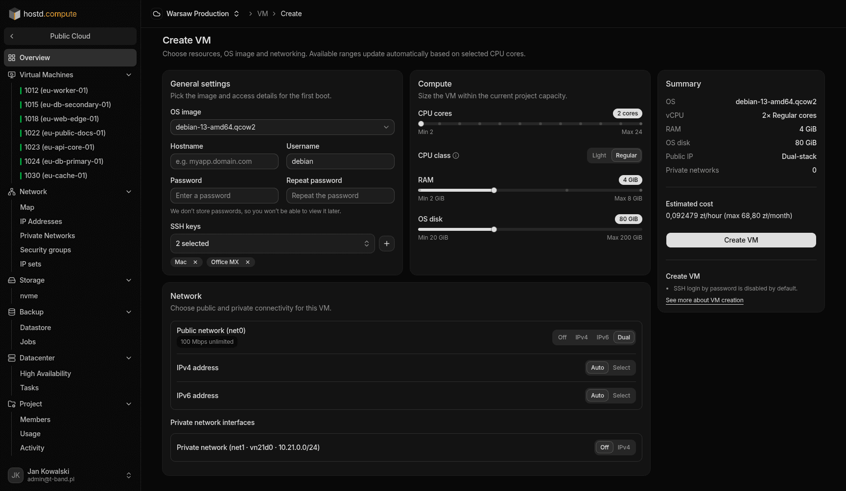 Create VM — form with image, SSH key, and WAN