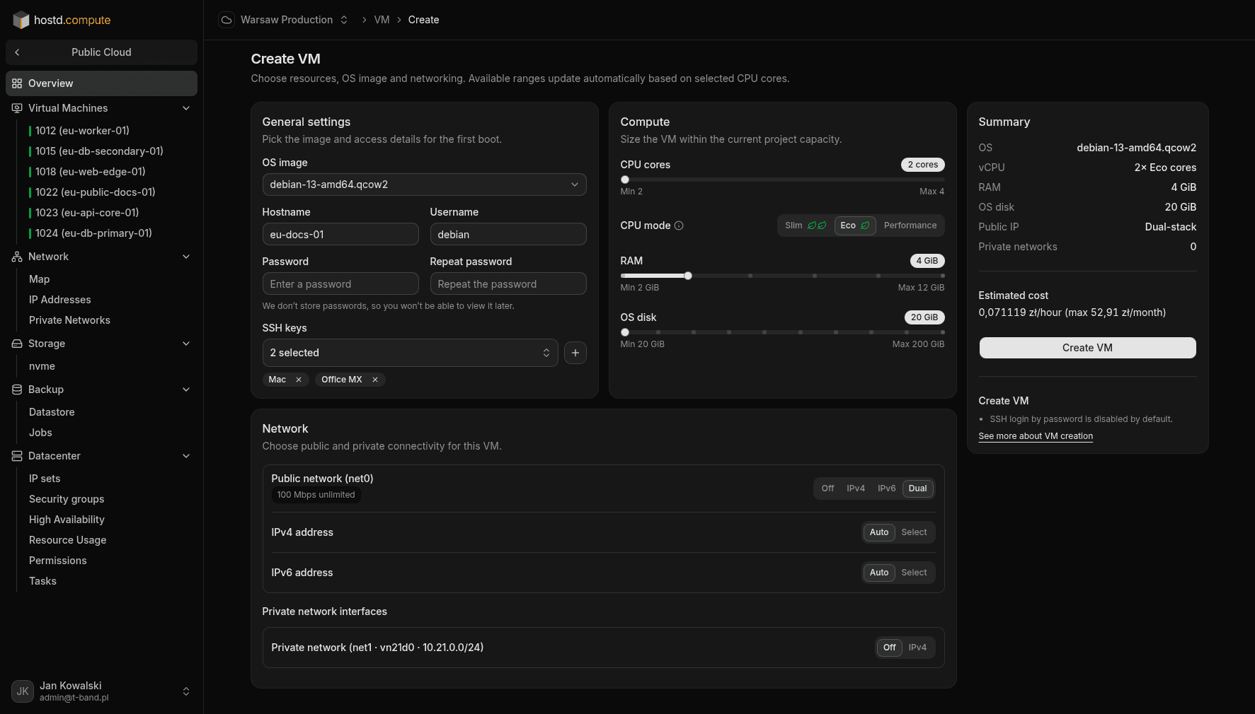 Create VM — form with image, SSH key, and WAN