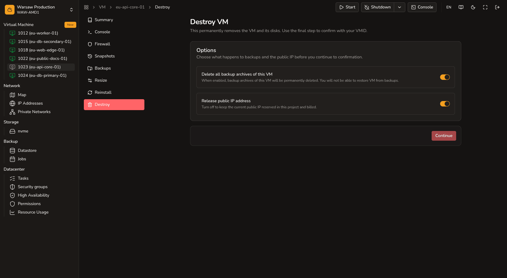 Destroy VM — backup and public IP options