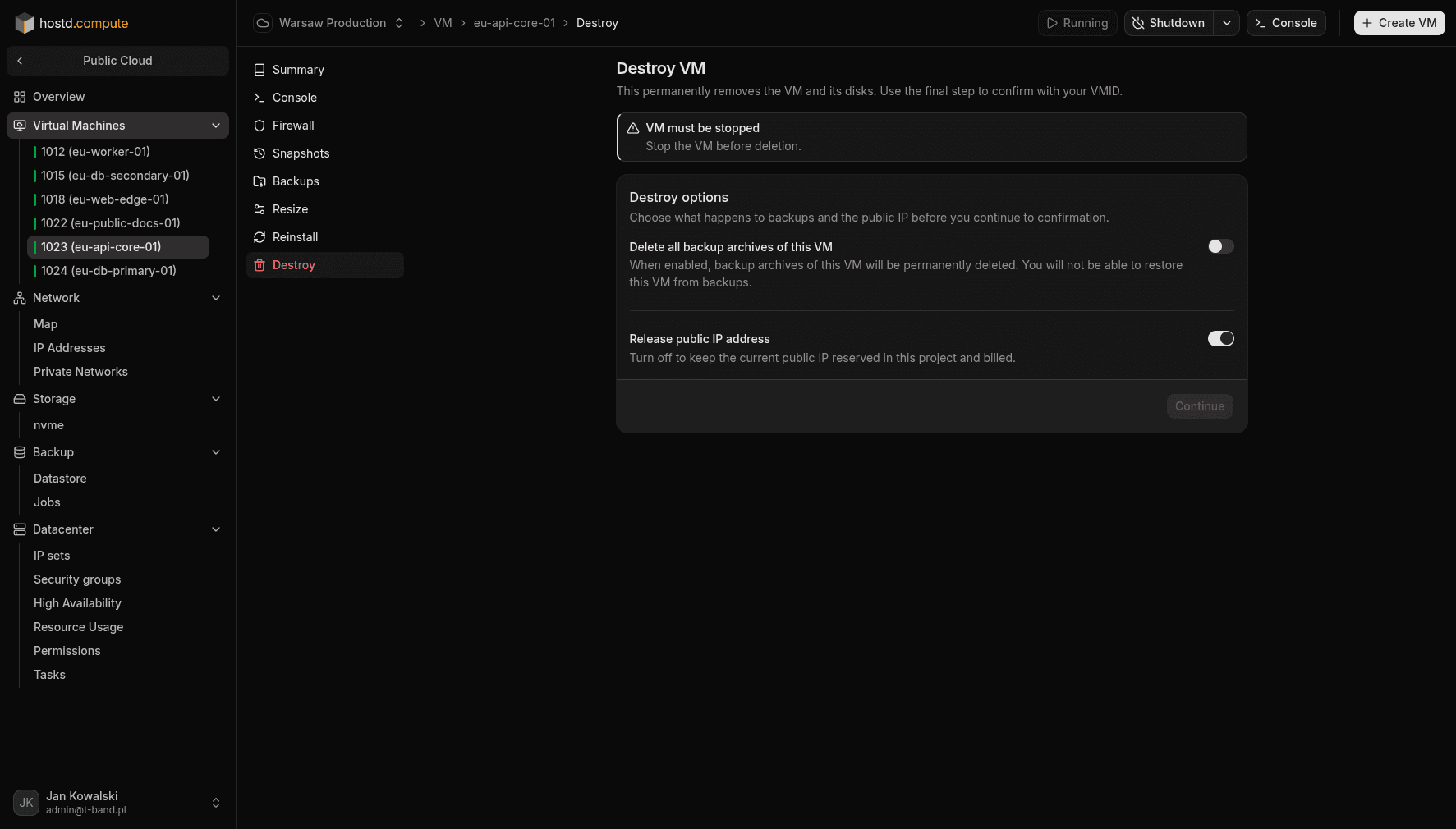 Destroy VM — backup and public IP options