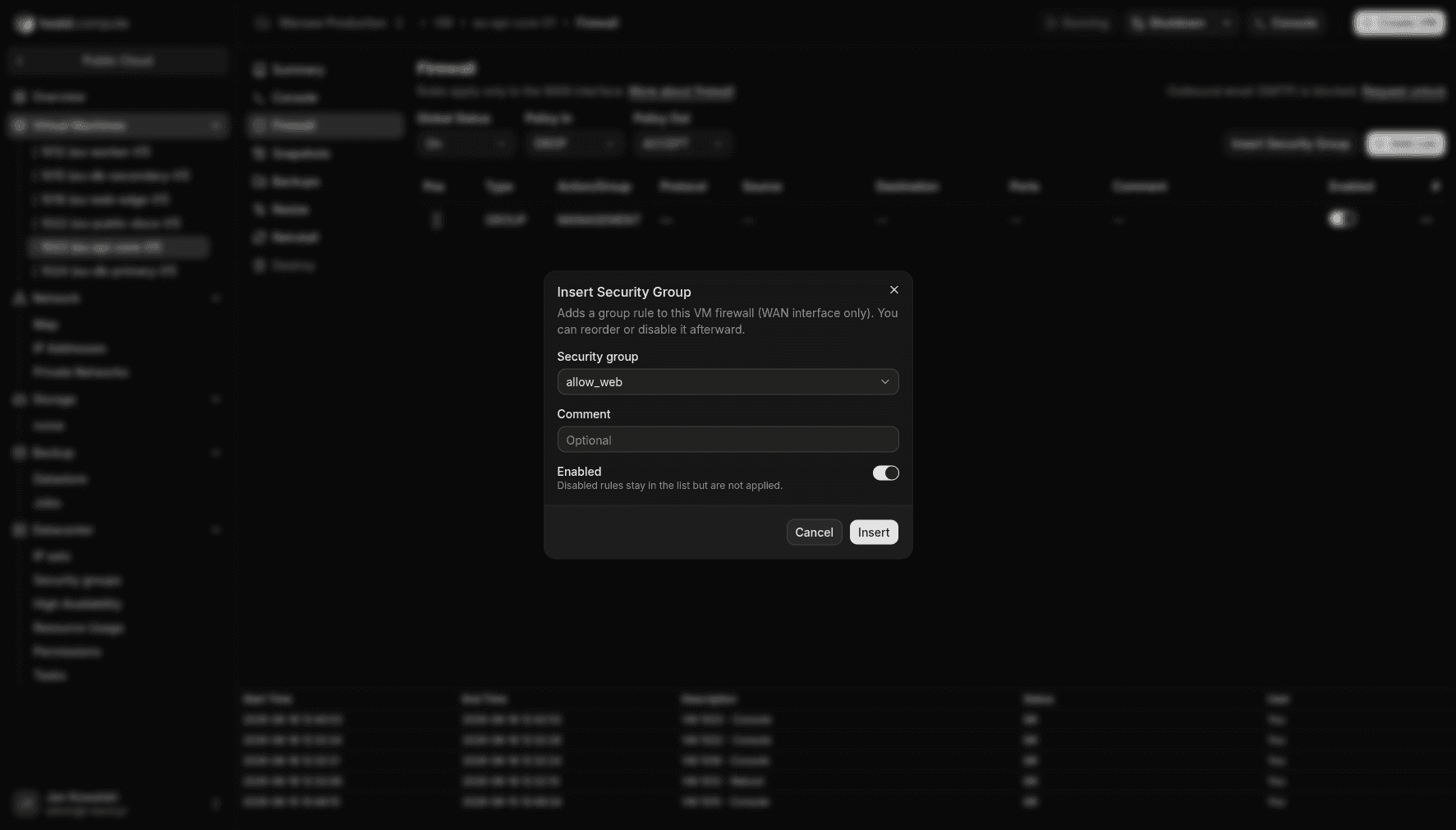 Insert Security Group on VM Firewall