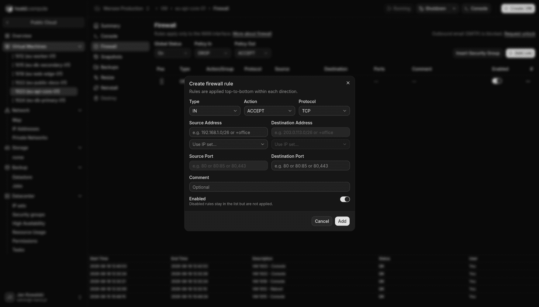 Create firewall rule — modal