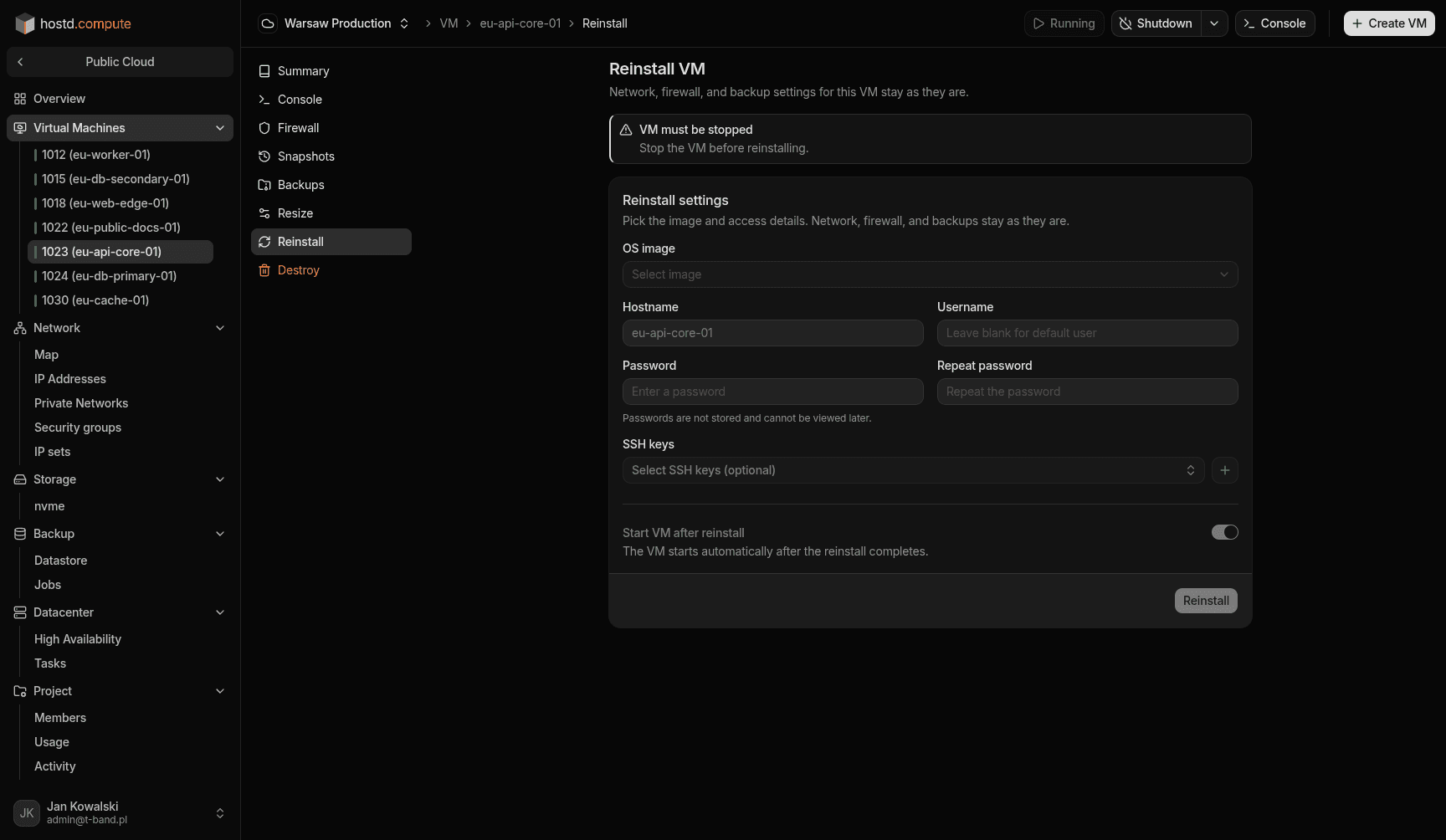 VM Reinstall — OS image, credentials, and SSH keys