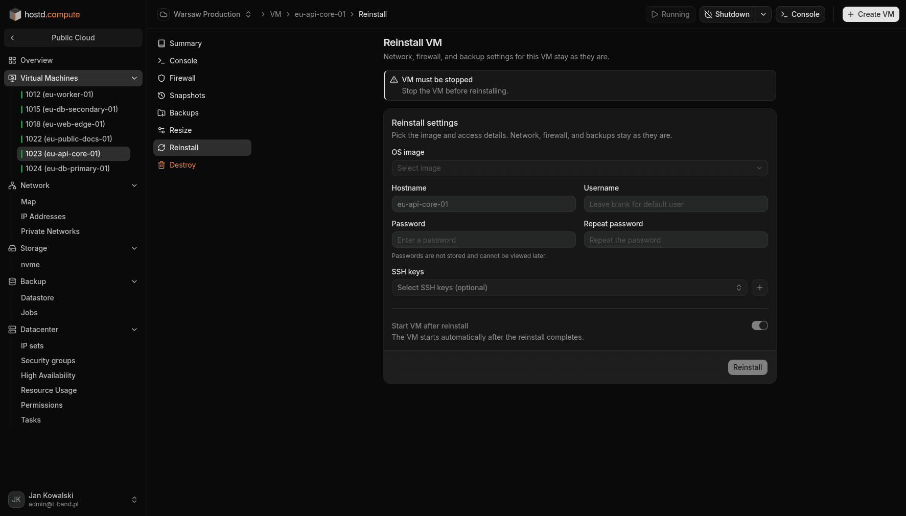 VM Reinstall — OS image, credentials, and SSH keys