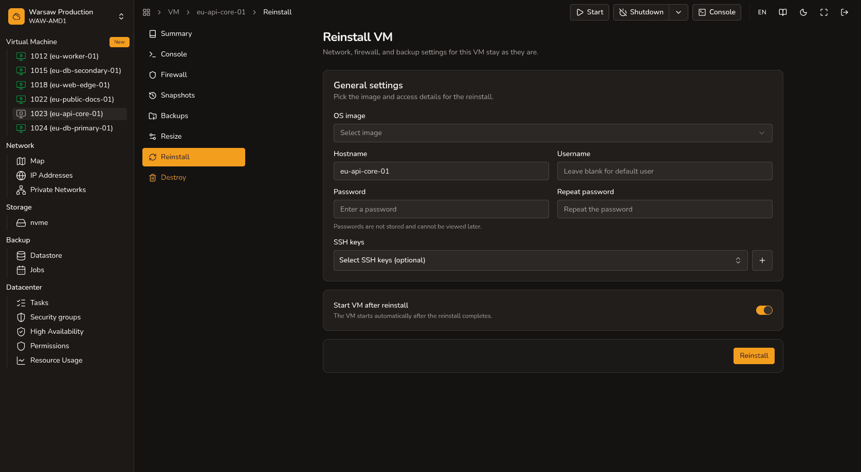 VM Reinstall — OS image, credentials, and SSH keys