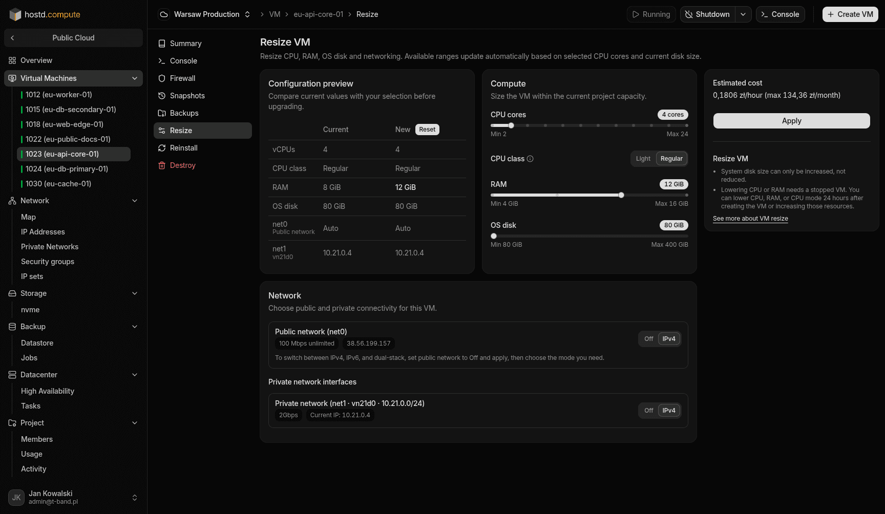 VM Resize — CPU class, vCPU, RAM, and networking