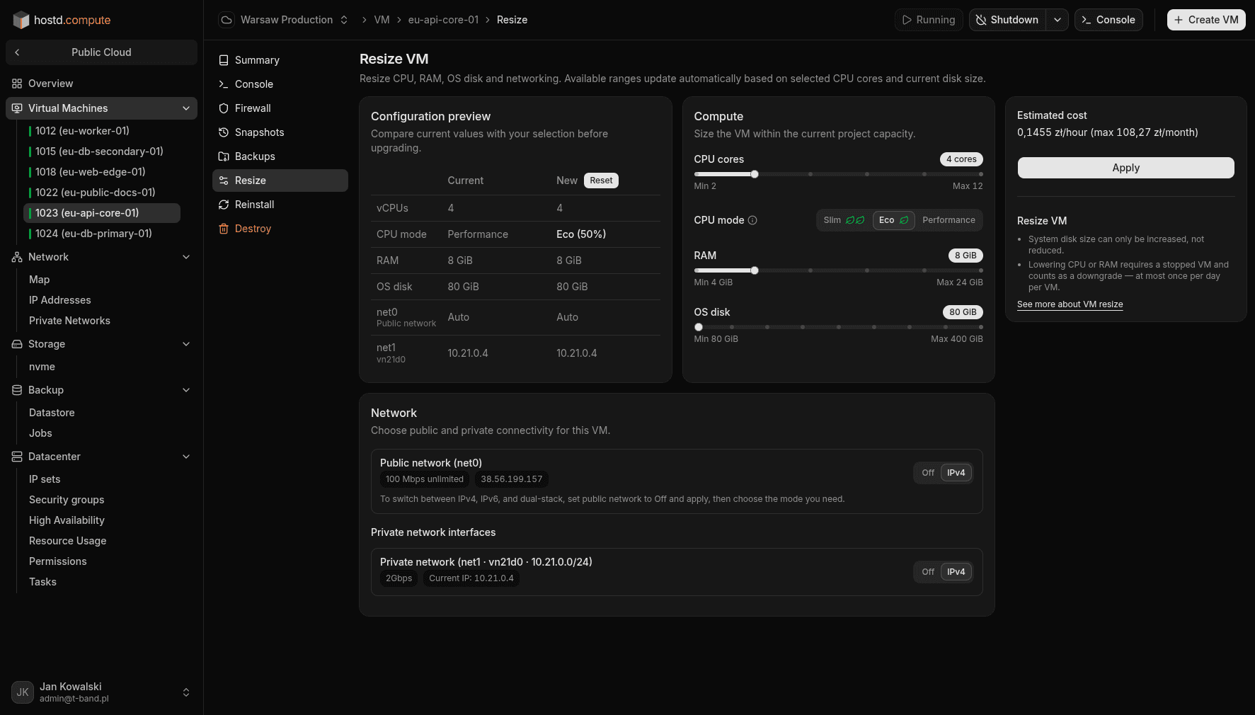 VM Resize — CPU mode, vCPU, RAM, and networking