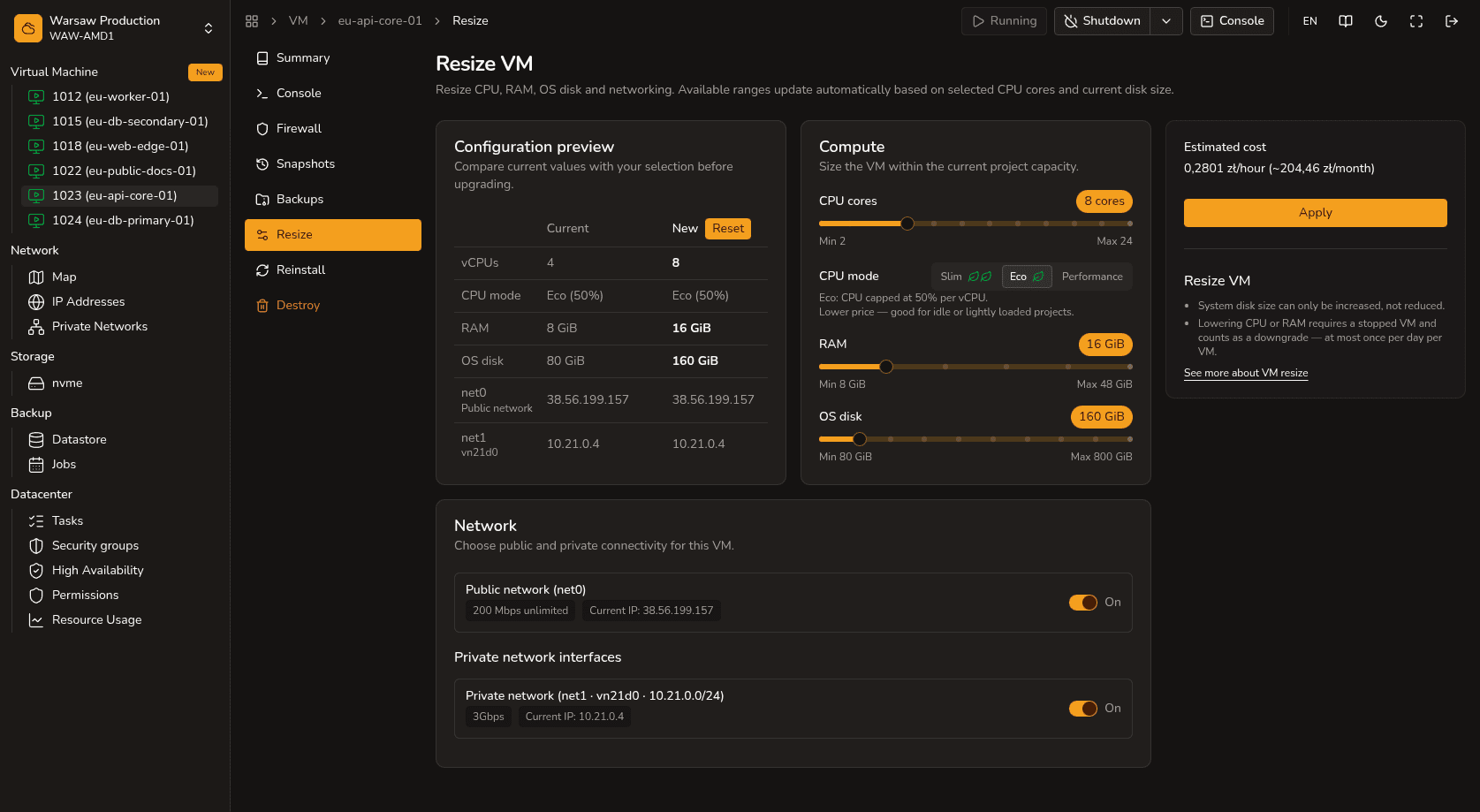 VM Resize — CPU mode, vCPU, RAM, and networking