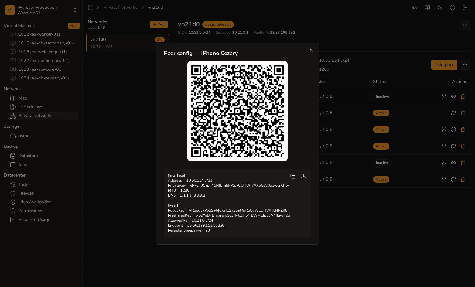 Peer config — QR i pobranie konfiguracji