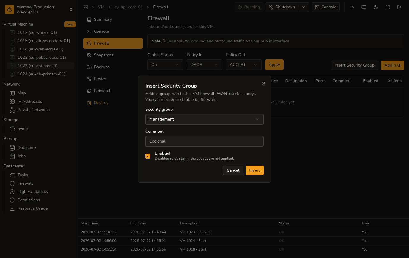 Insert Security Group on VM Firewall