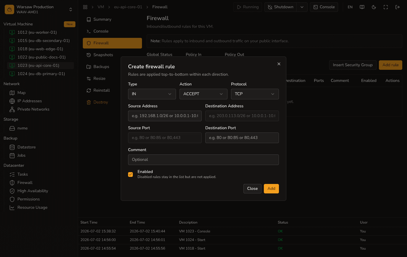 Create firewall rule — modal